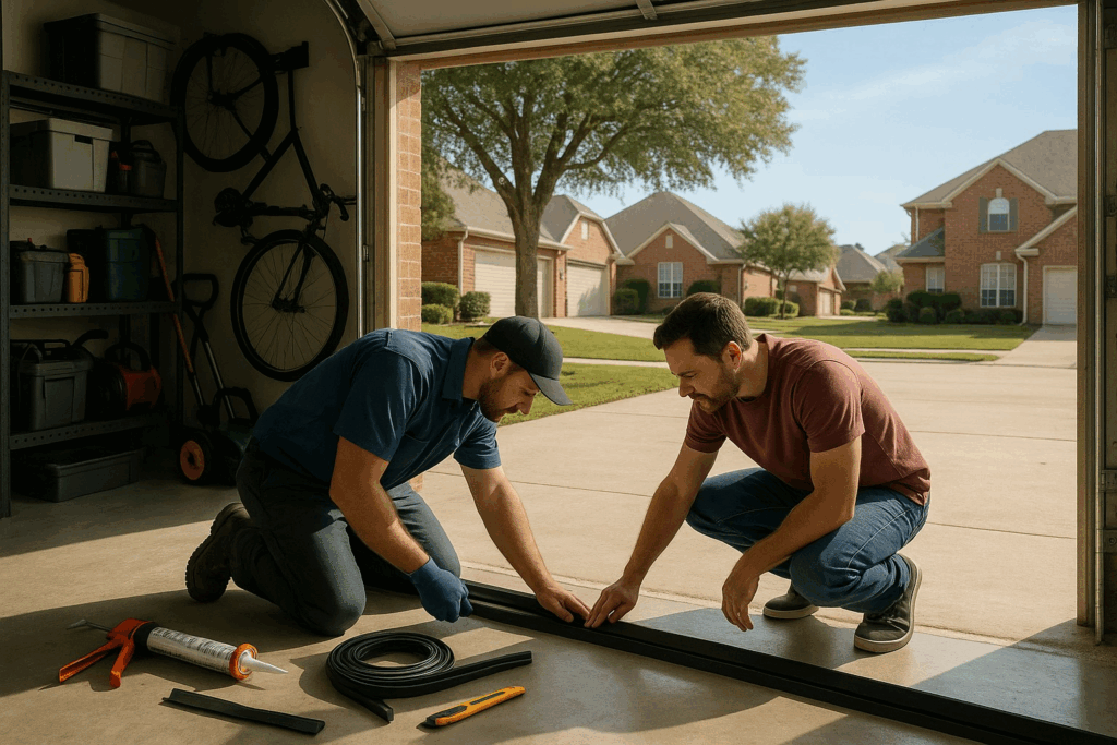 Technician and homeowner installing garage door weather stripping for improved insulation and energy efficiency.