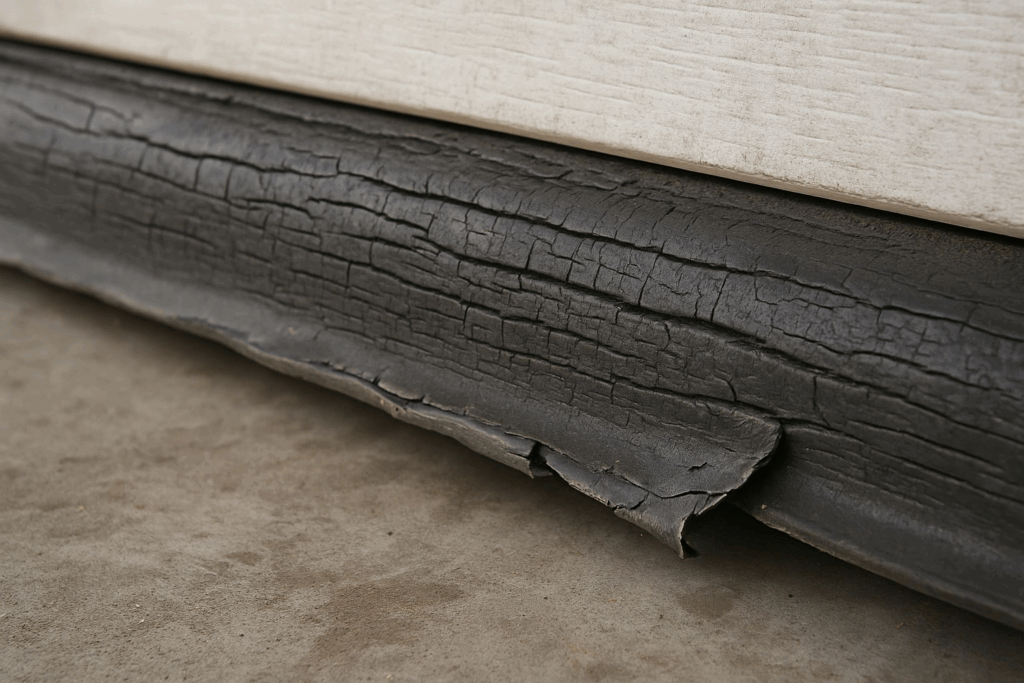 Worn-out garage door weather stripping showing cracks and damage.