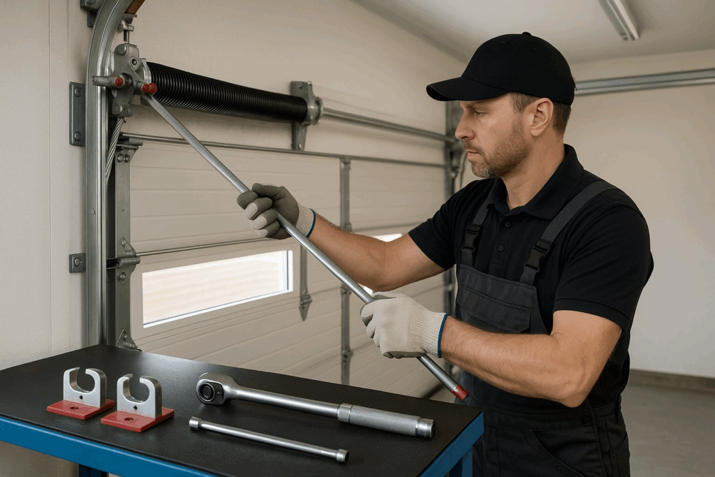 Professional technician adjusting torsion spring with tools during expert repair garage door servicing.