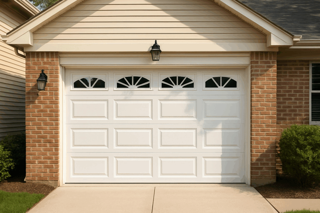 Sleek modern garage doors with minimalist dark panel design enhancing a contemporary home exterior.